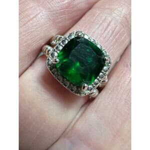 Emerald Green Halo Cocktail Ring – Silver Tone – Size 5.75